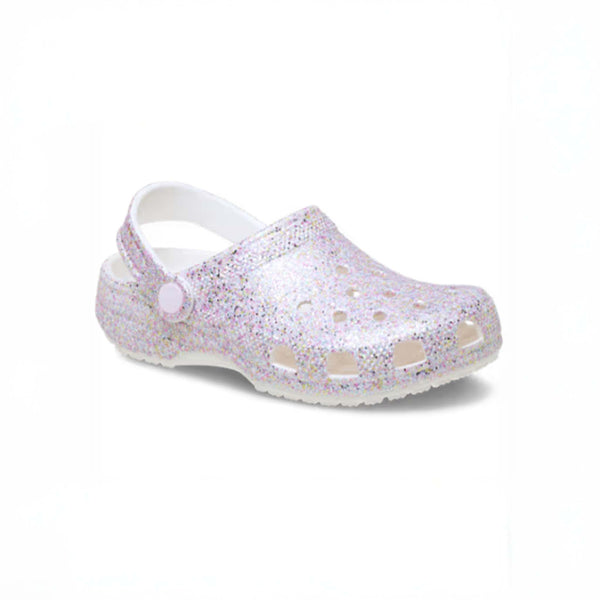 White clog shoe with glittery pattern on a white background