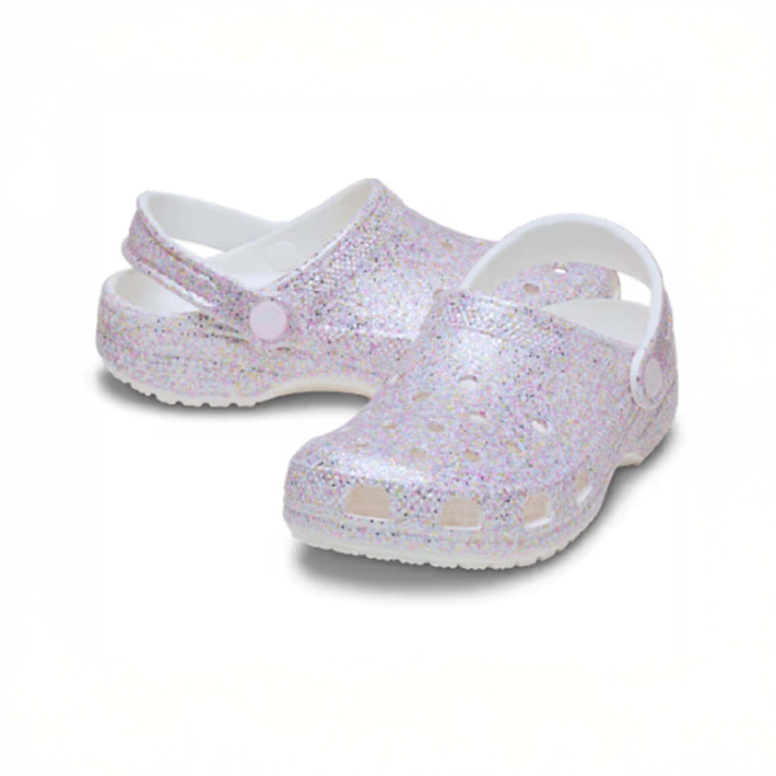 White clogs with glittery pattern on a white background