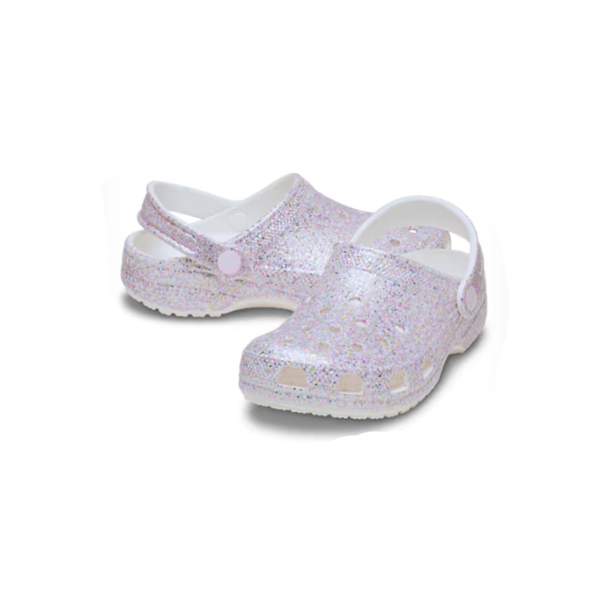 Pair of glittery white clogs on a white background
