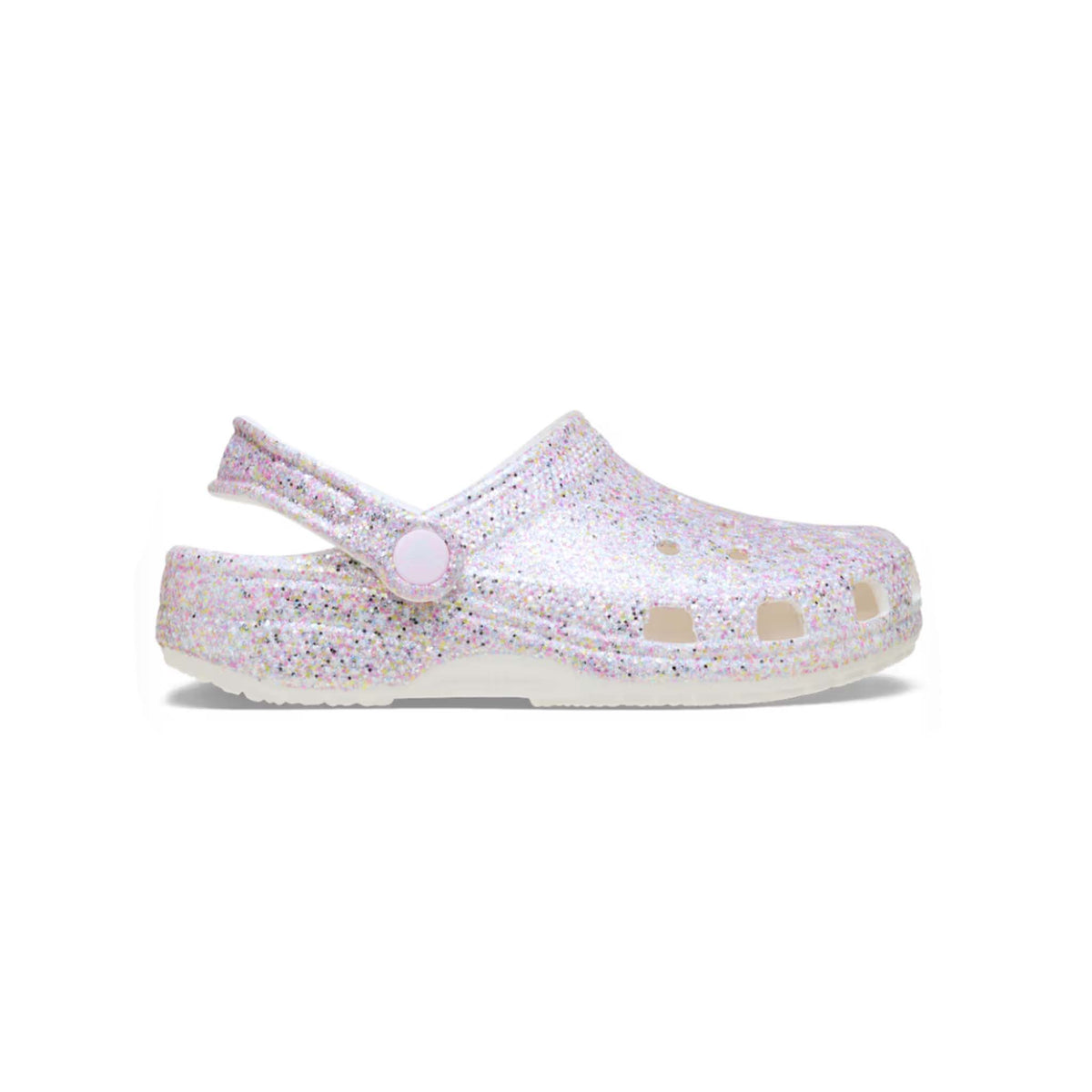 Single glittery clog shoe on a white background
