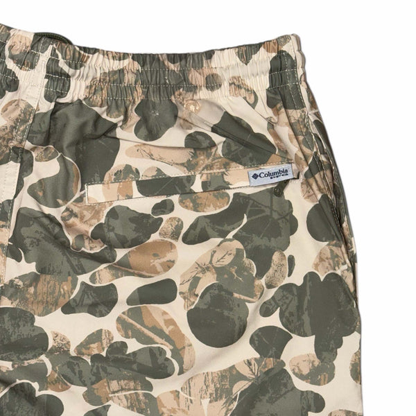  Camouflage-patterned shorts with Columbia logo on a white background