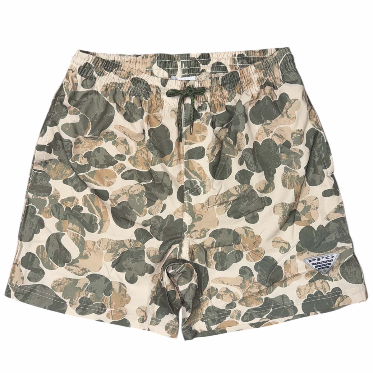 Deltawoods Camo | Columbia Sportswear Camouflage-patterned 6" shorts on a white background