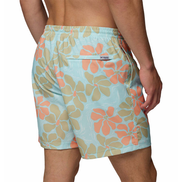  Floral-patterned swim shorts on a white background