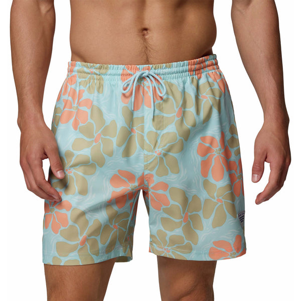  Blue and green floral-patterned swim shorts on a plain background