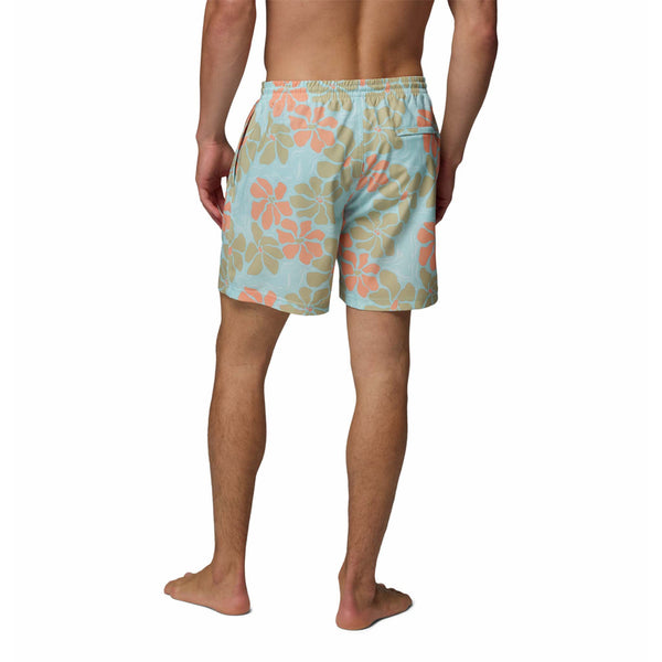  Floral-patterned swim shorts worn by a person on a white background