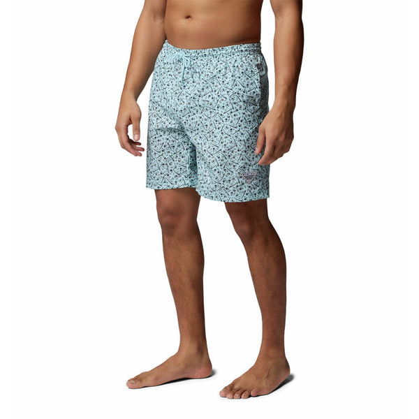  Person wearing light blue patterned swim shorts on a white background