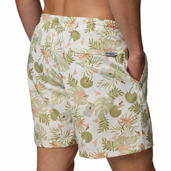  Tropical leaf patterned shorts on a white background