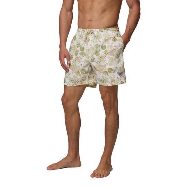  Man wearing a floral patterned swimsuit on a white background