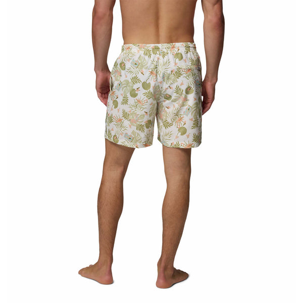  Person wearing a patterned swimsuit on a white background