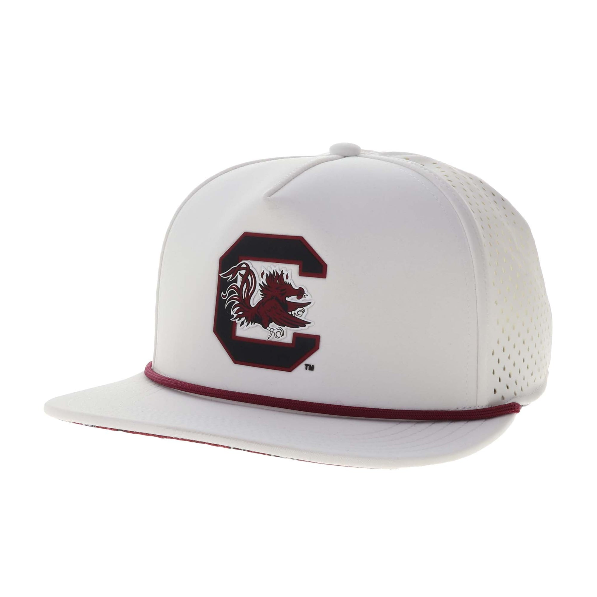 White South Carolina performance hat with garnet “C” and Gamecock mascot logo, perforated side panels, and rope detail on the brim.