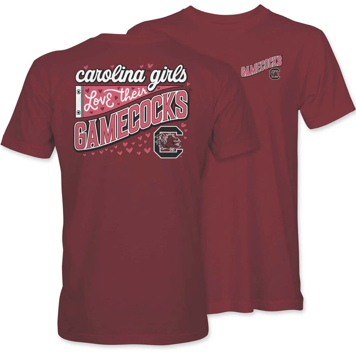 Maroon t-shirt with 'carolina girls love their Gamecocks' text and logo on a white background