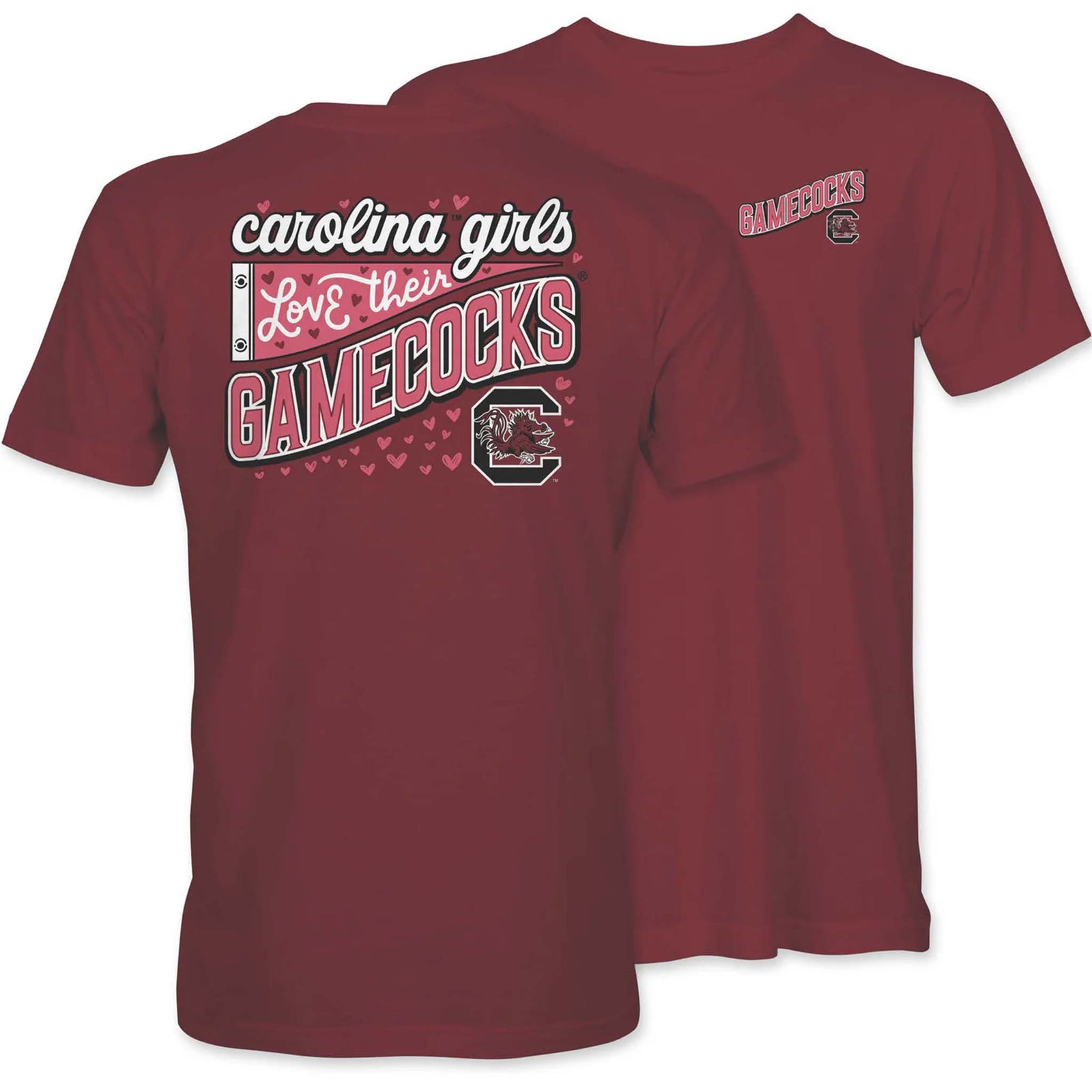 Maroon t-shirt with 'carolina girls love their Gamecocks' text and logo on a white background
