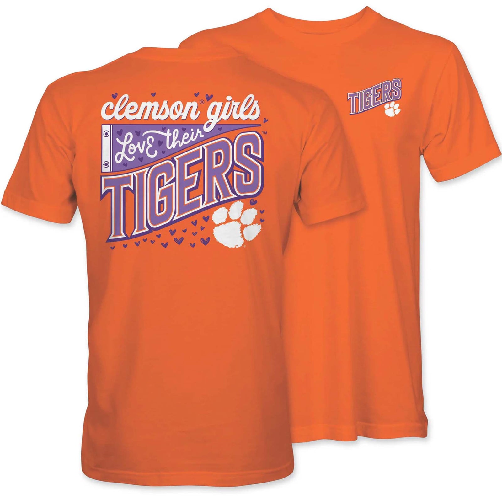 Front and back view of orange Clemson Tigers t-shirt with small chest graphic and large back design that reads “Clemson girls love their Tigers” with paw print and hearts.