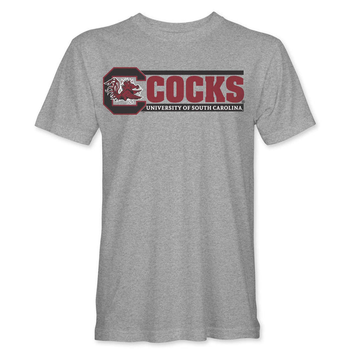 Gray t-shirt with 'Cocks' and 'University of South Carolina' text on a white background