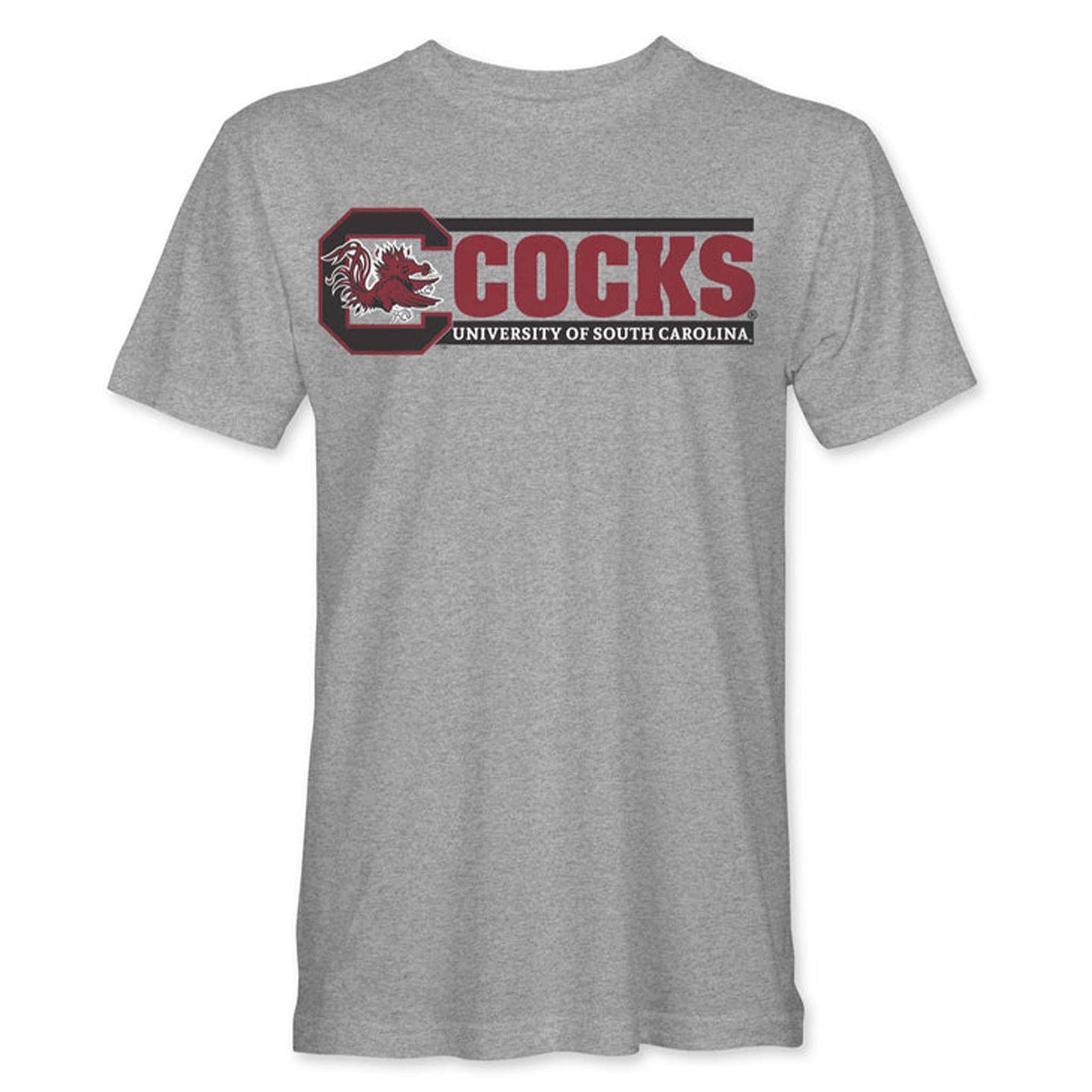 Gray t-shirt with 'Cocks' and 'University of South Carolina' text on a white background