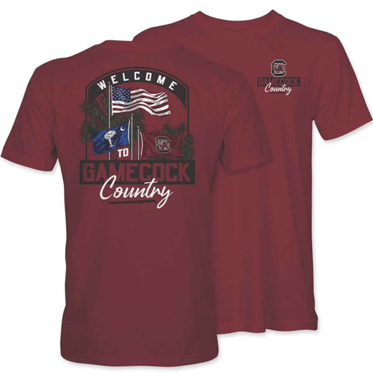 Front and back of garnet t-shirt with “Welcome to Gamecock Country” flags graphic on back and small matching logo on front left chest.