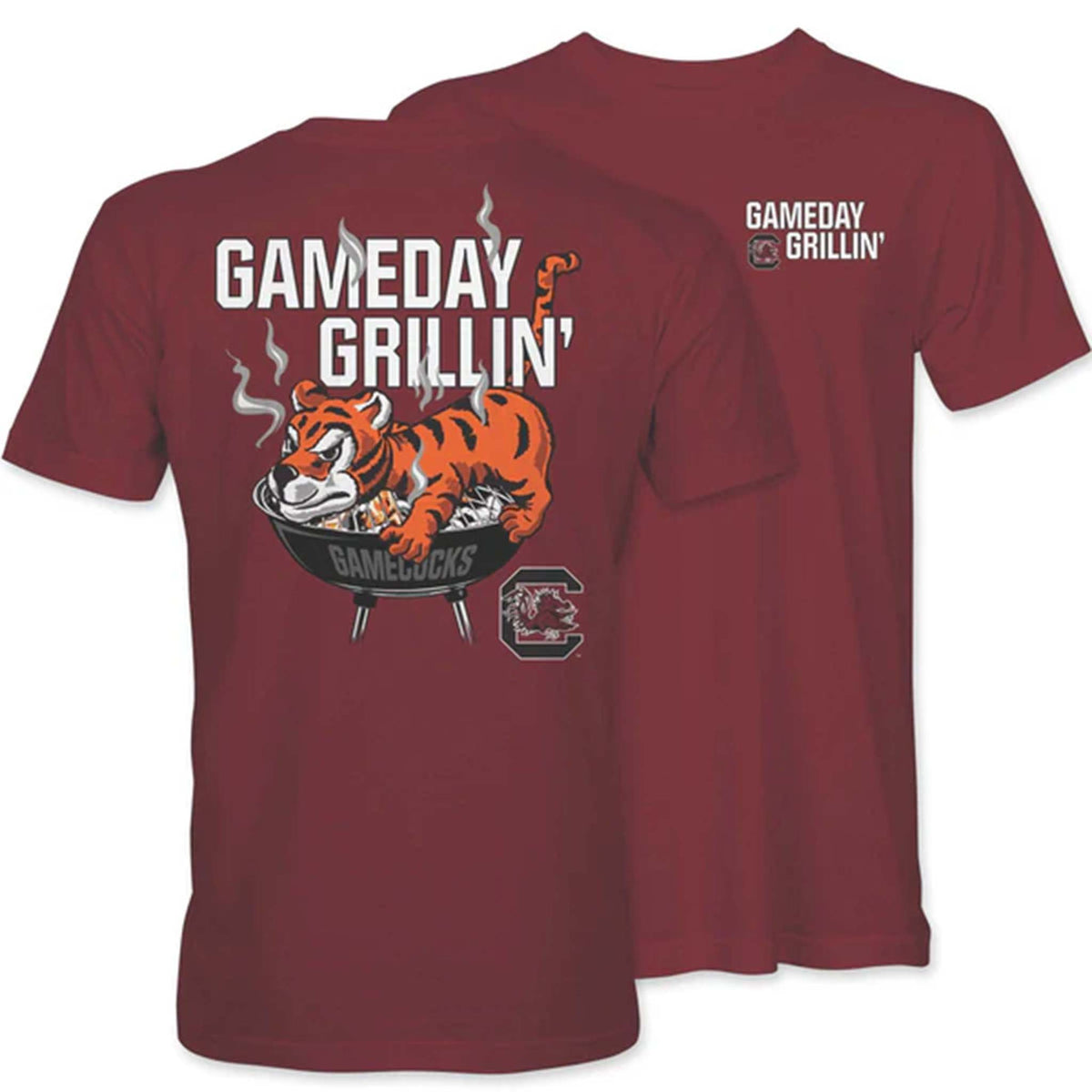 Front and back of garnet t-shirt with “Gameday Grillin’” text and tiger grilling graphic on back, small matching logo and text on front left chest.