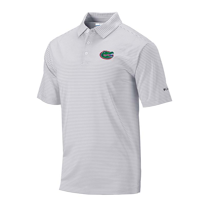Florida Gators grey striped performance polo.
