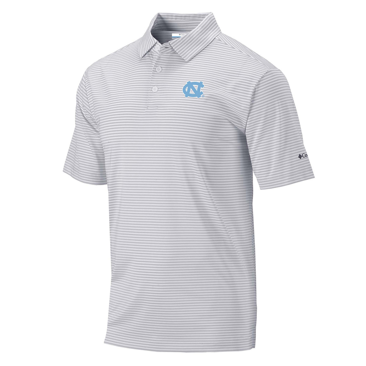 Gray striped UNC polo shirt with a logo on a white background
