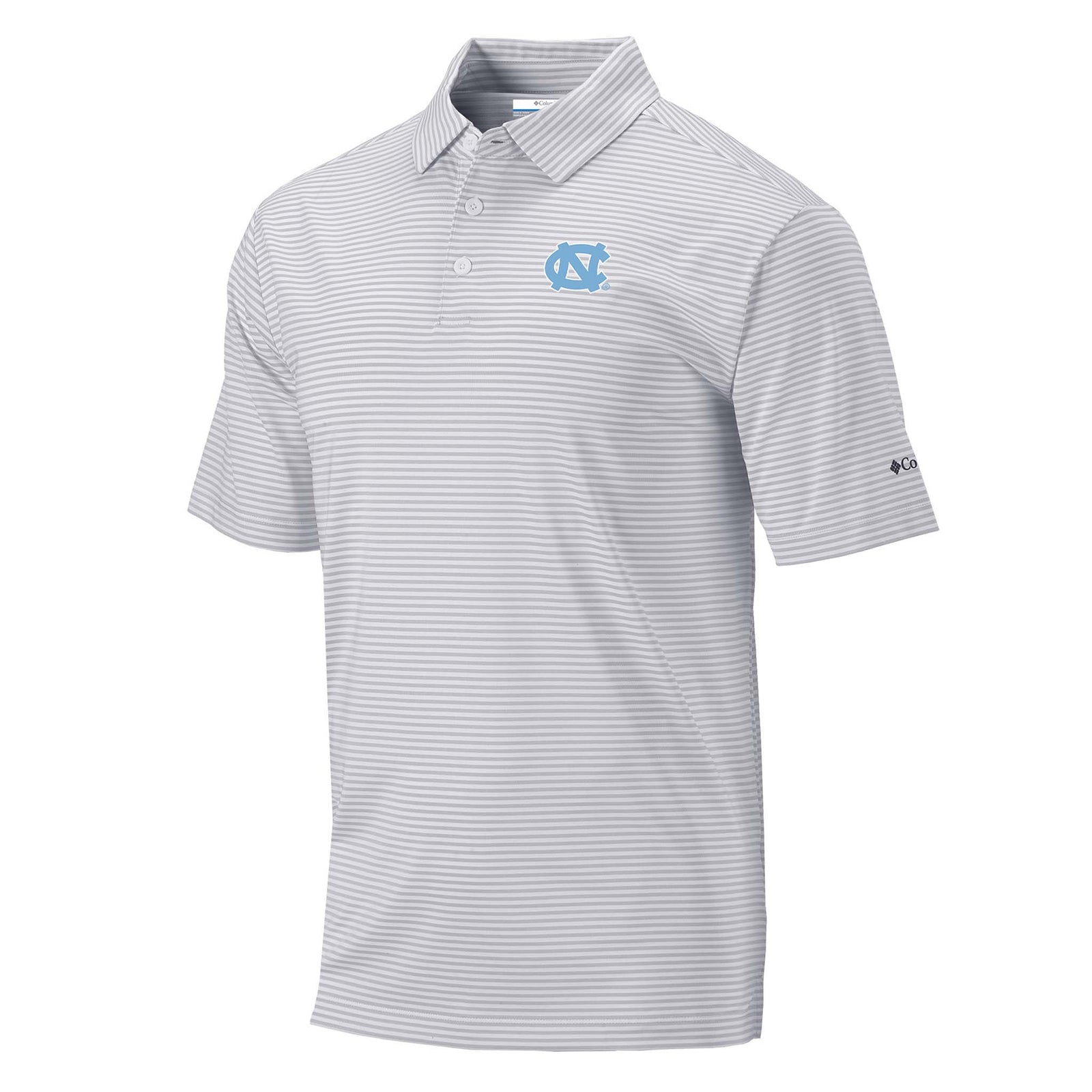 Gray striped UNC polo shirt with a logo on a white background