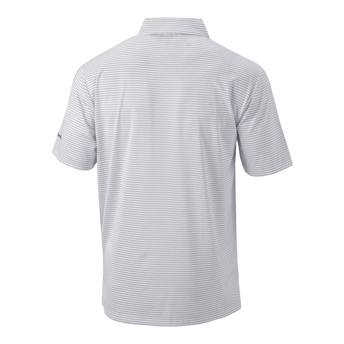 Back view of a gray and white striped polo shirt on a white background
