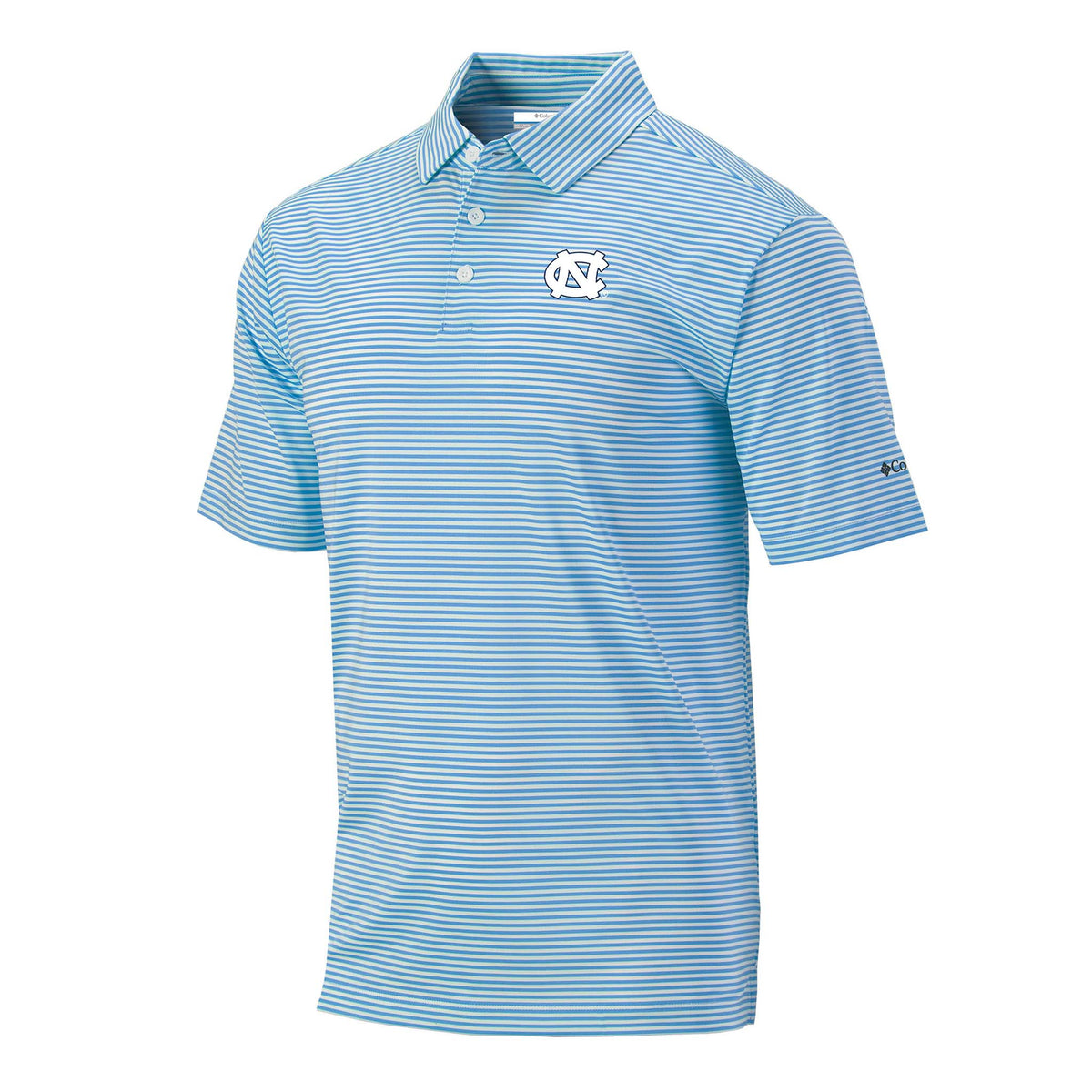 Blue striped polo shirt with a UNC logo on a white background