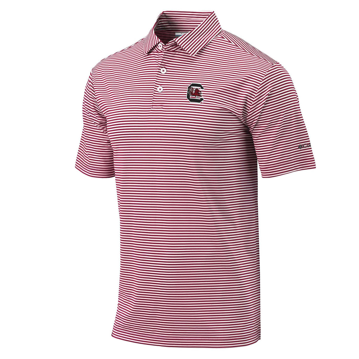 South Carolina Gamecocks beet and white striped polo with chest logo, short sleeves, and three-button placket.