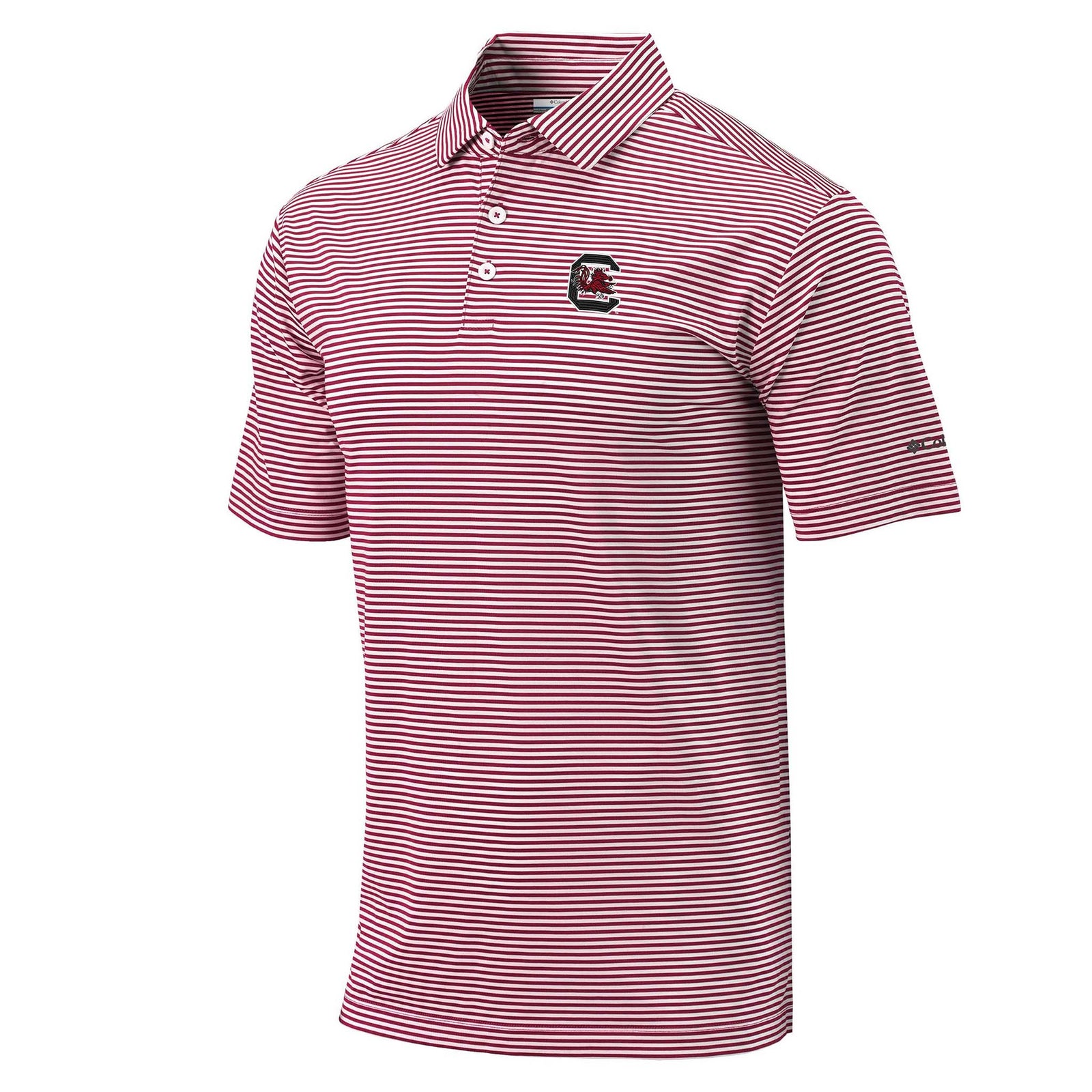 South Carolina Gamecocks beet and white striped polo with chest logo, short sleeves, and three-button placket.
