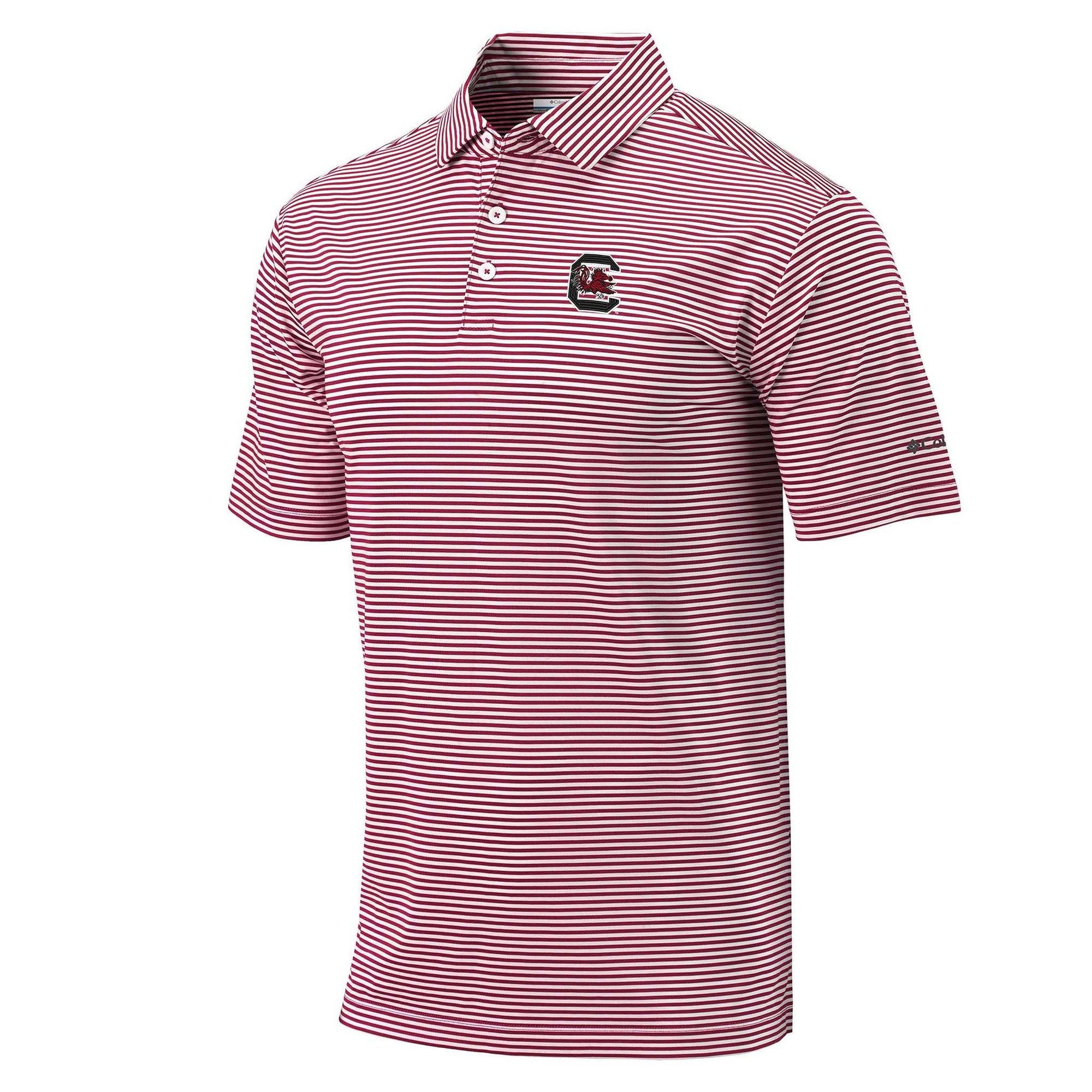 South Carolina Gamecocks beet and white striped polo with chest logo, short sleeves, and three-button placket.