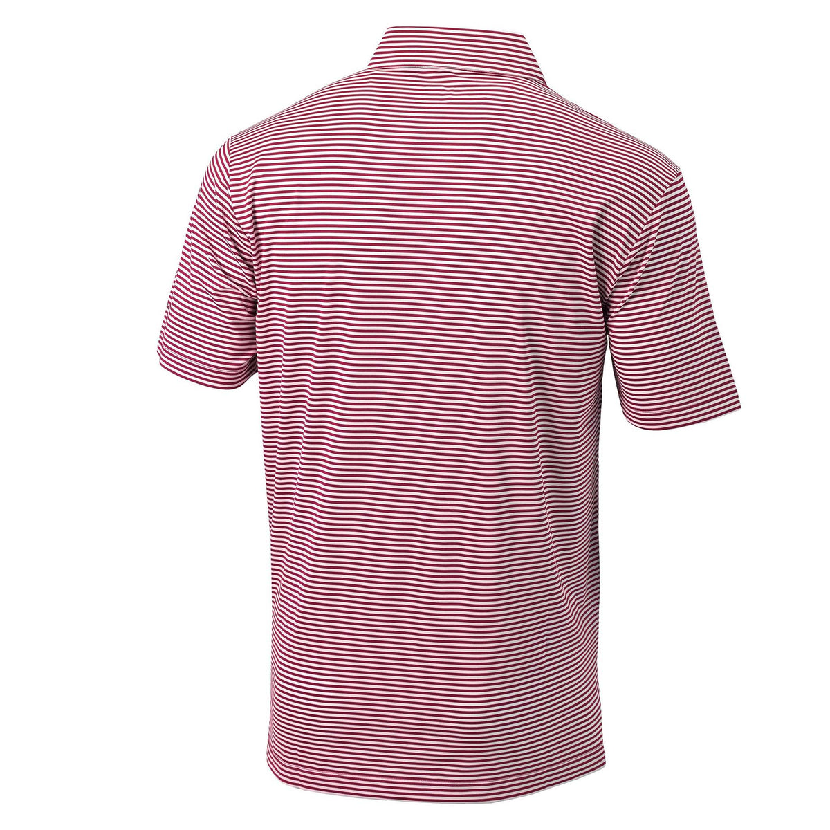 Back view of South Carolina Gamecocks beet and white striped short sleeve polo with collar and allover stripe design.