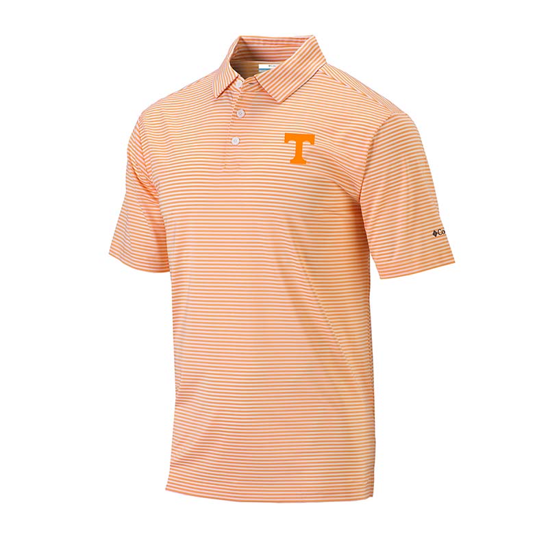 A striped orange and white polo shirt with the University of Tennessee 'T' logo embroidered on the chest.