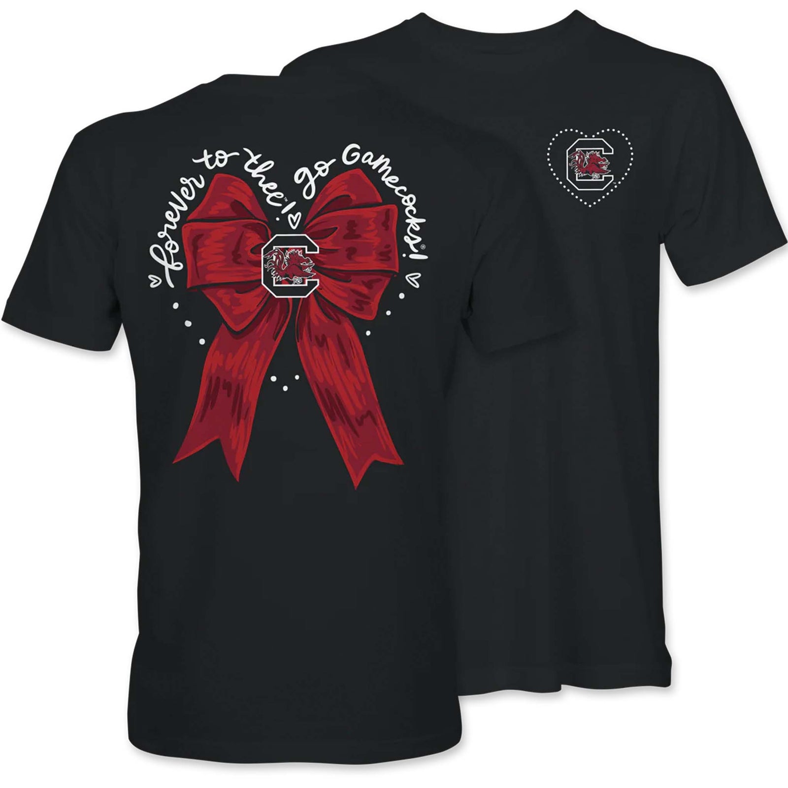 Black t-shirt with a red bow graphic and text on the front, and a similar design on the back.