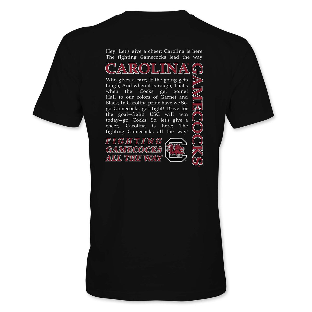 Back of black t-shirt featuring full “Carolina Gamecocks” cheer text in white and garnet with block lettering and Gamecocks logo at bottom right.
