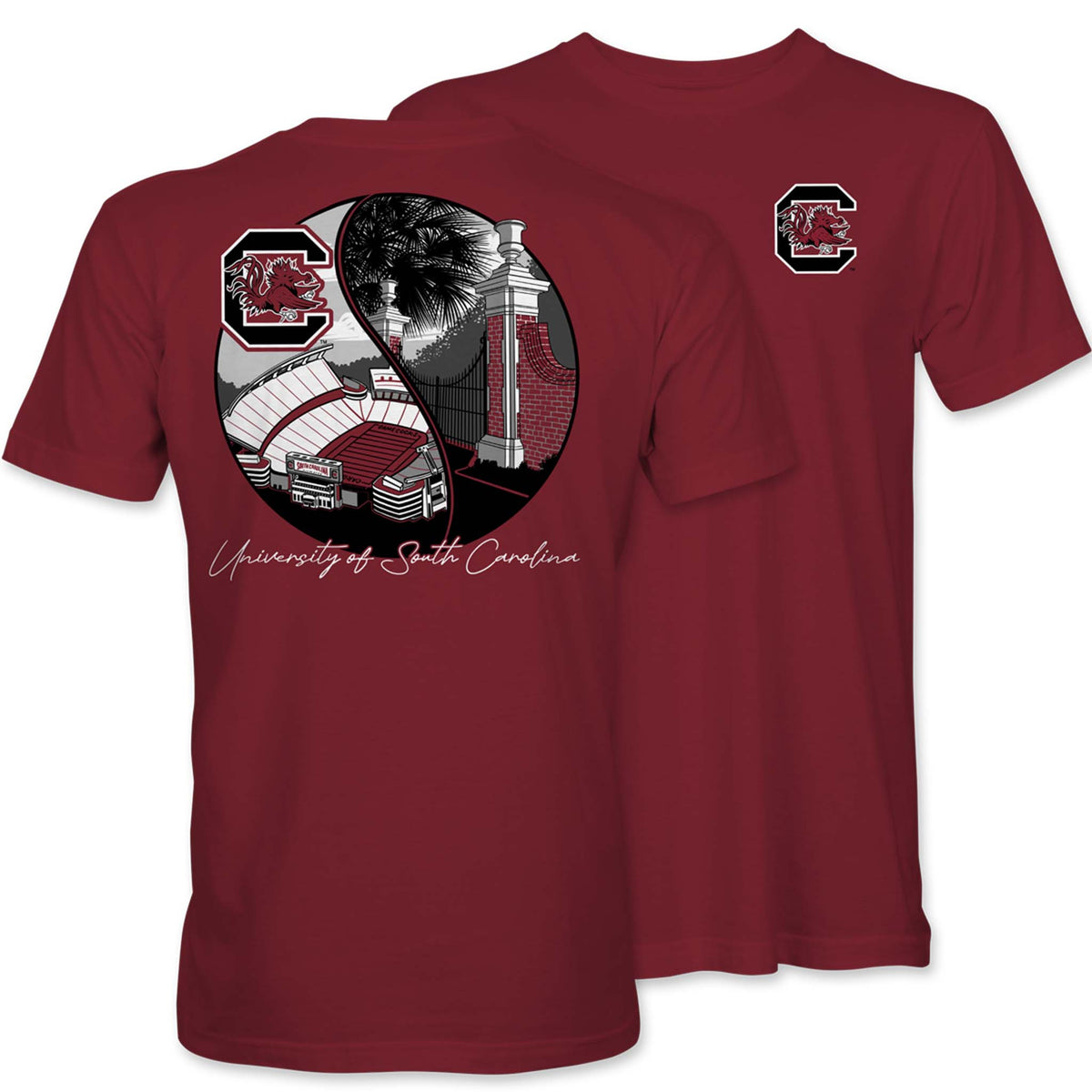 Garnet short sleeve t-shirt with yin-yang graphic featuring University of South Carolina stadium and gates, with Palmetto tree and USC logo. Small logo on front left chest.