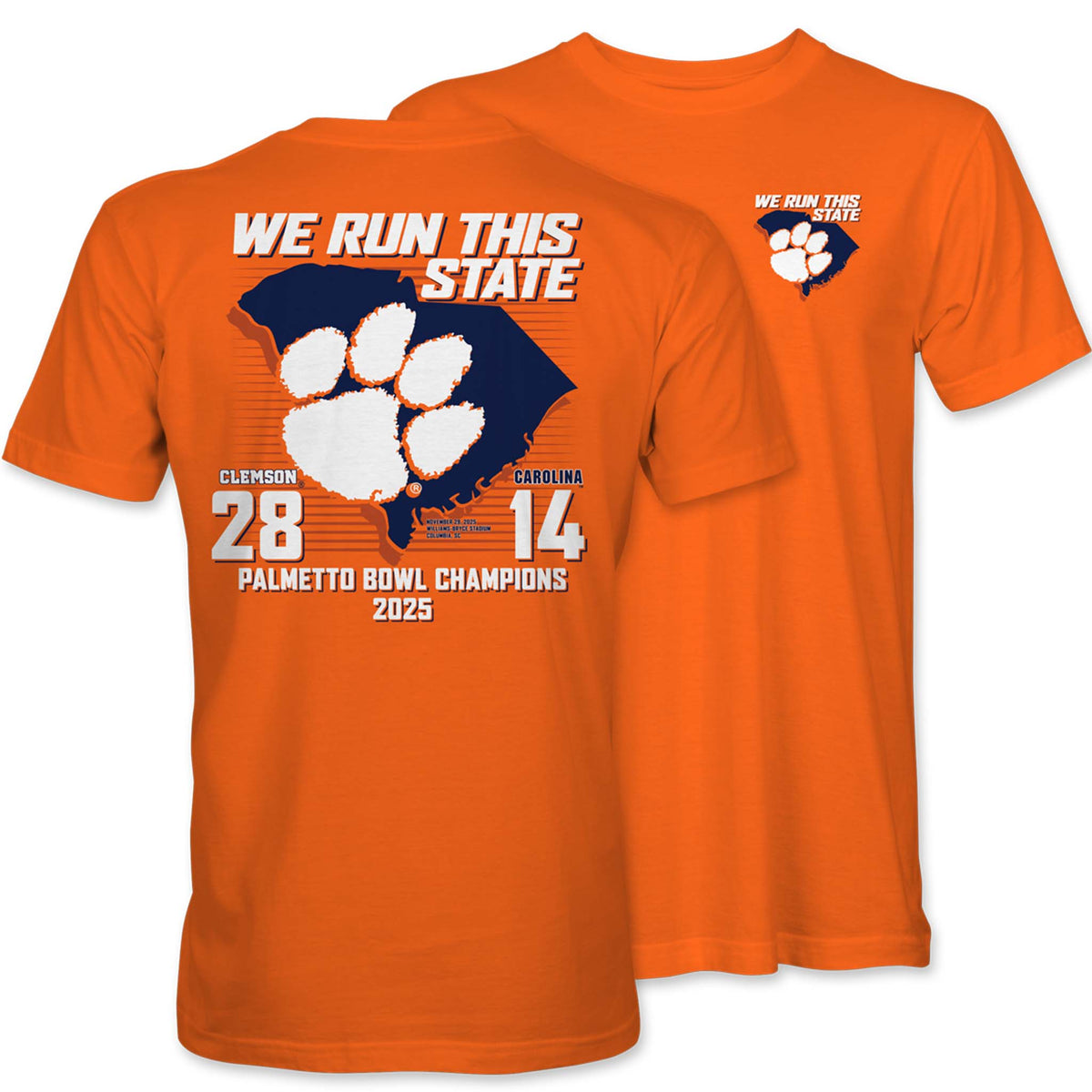 Orange Clemson 2025 Palmetto Bowl Short Sleeve T-Shirt reflecting winning score against SC.