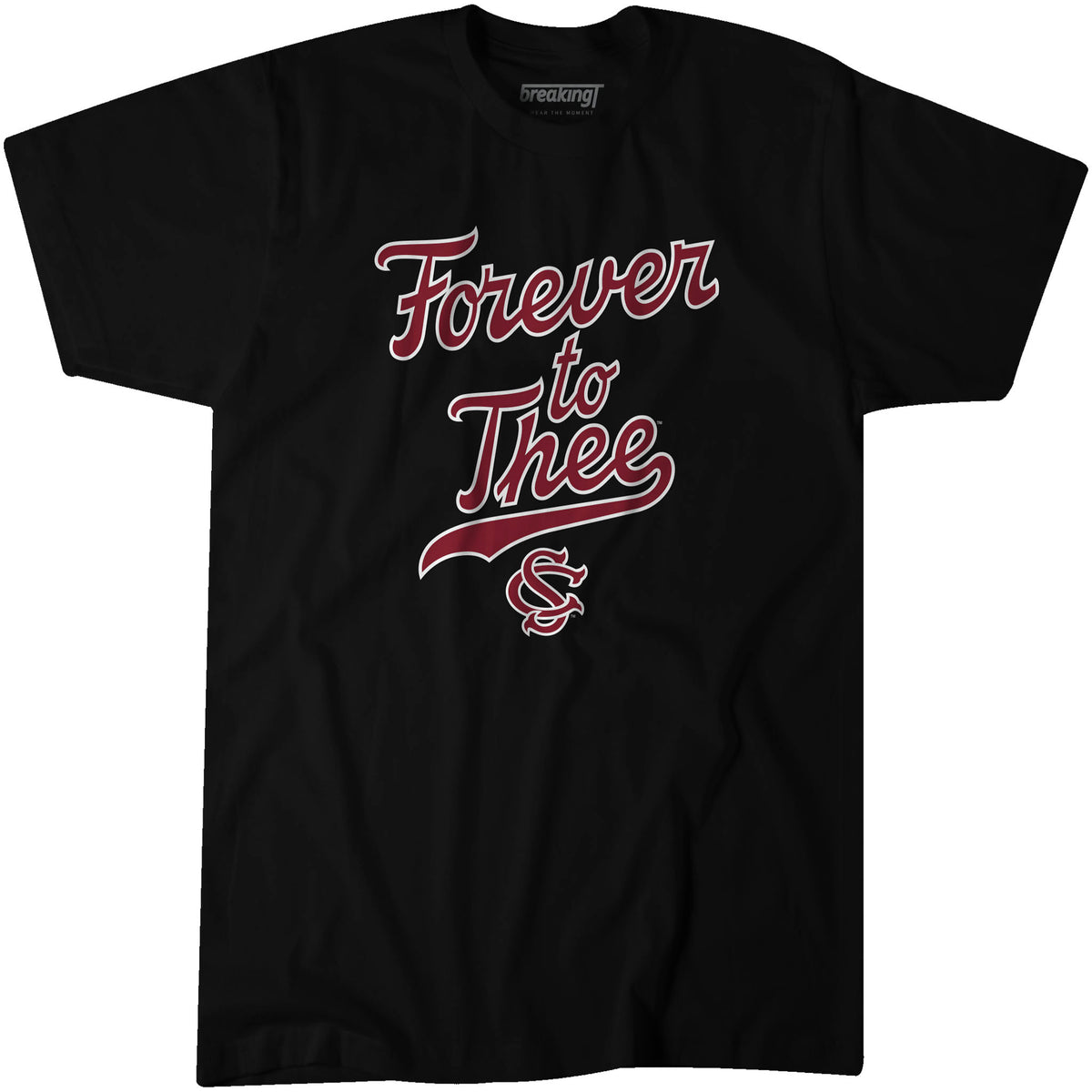 Black South Carolina Gamecocks t-shirt with “Forever to Thee” script graphic in garnet and white, featuring the SC logo beneath the text.