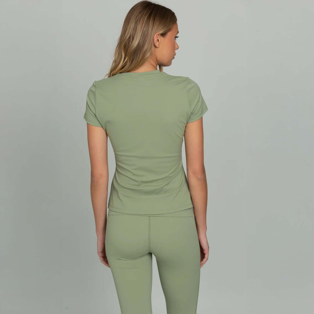 Light green fitted short sleeve tee with GH logo, back view.