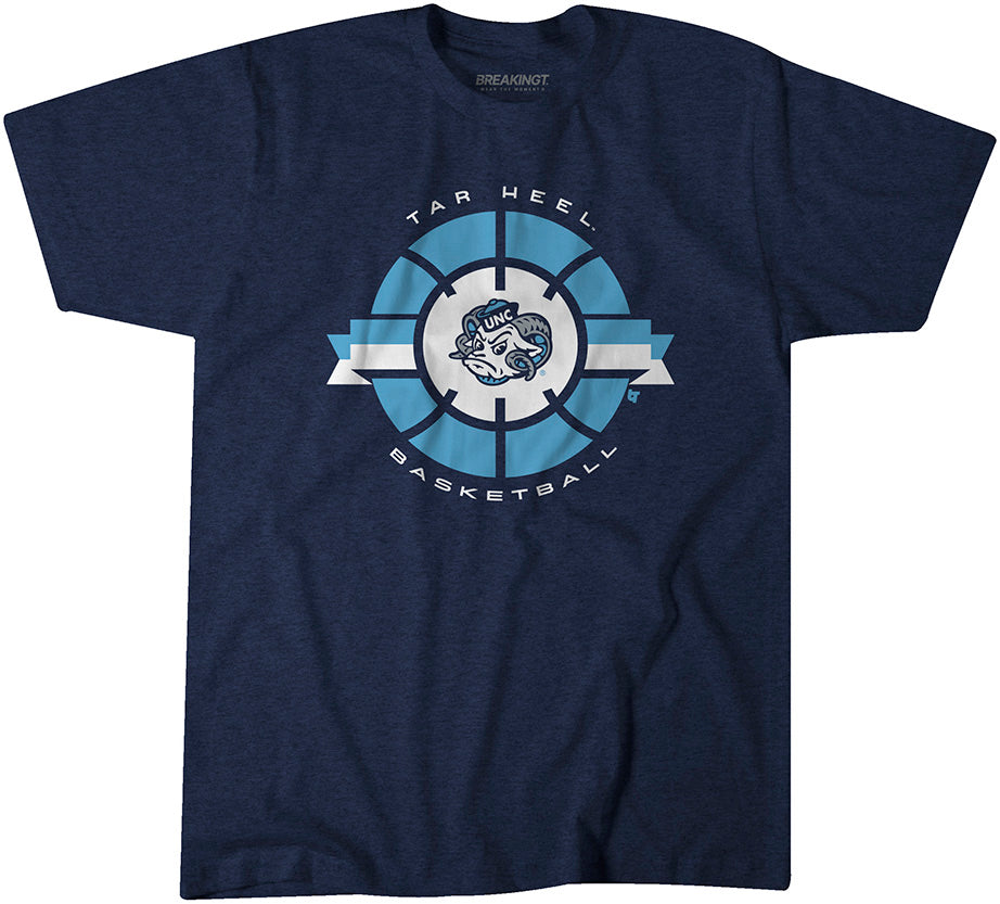 Navy North Carolina Tar Heels basketball t-shirt with light blue court-inspired graphic and UNC ram mascot logo in the center, surrounded by “Tar Heel Basketball” text.