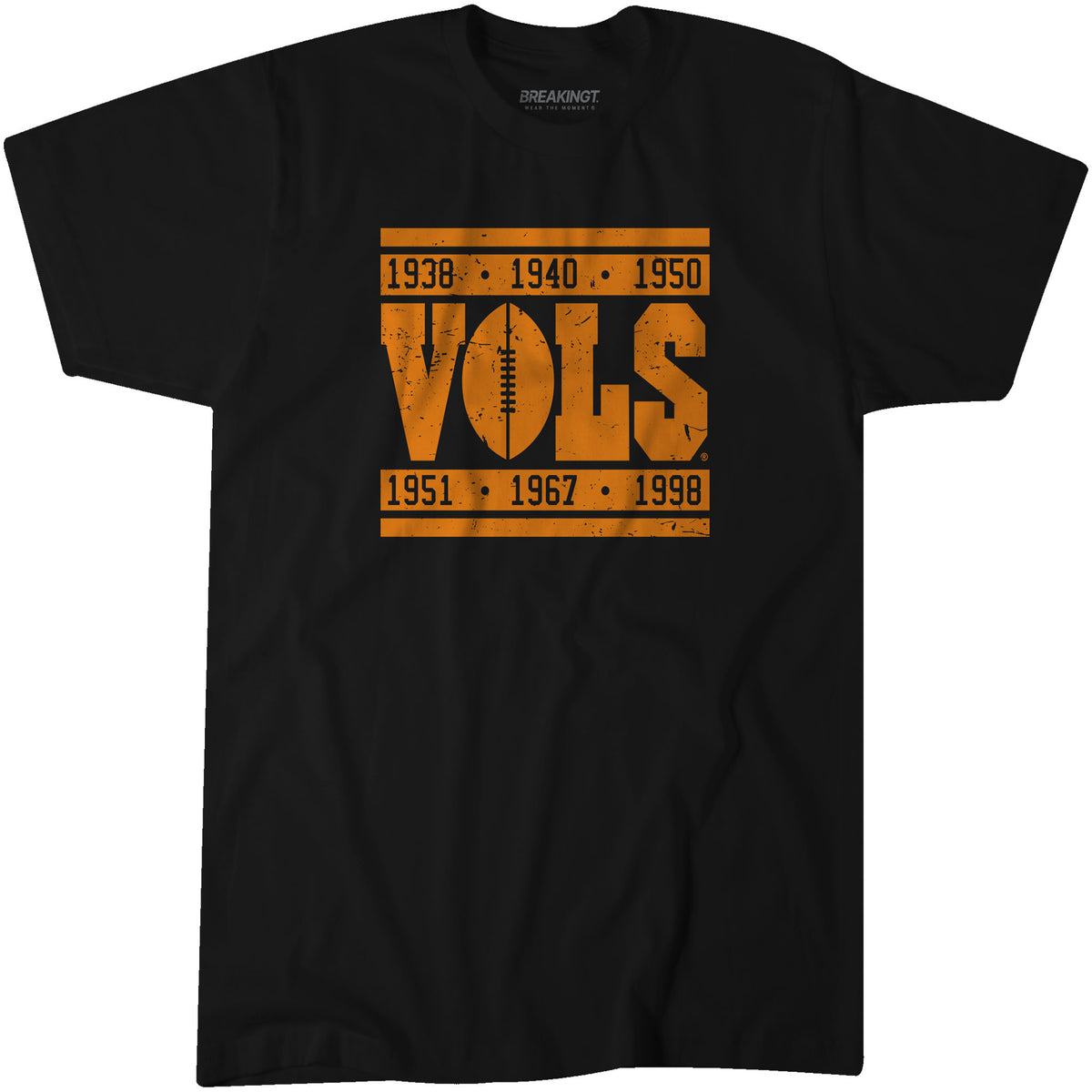 Black Tennessee Volunteers t-shirt with bold orange “VOLS” text featuring a football graphic and championship years 1938, 1940, 1950, 1951, 1967, and 1998.
