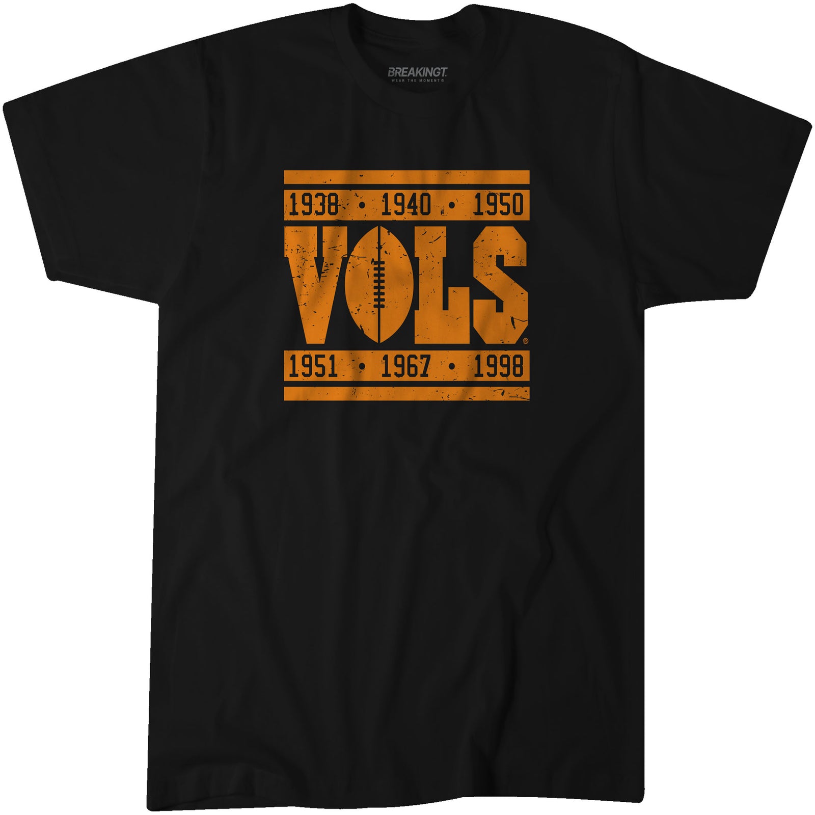 Black Tennessee Volunteers t-shirt with bold orange “VOLS” text featuring a football graphic and championship years 1938, 1940, 1950, 1951, 1967, and 1998.