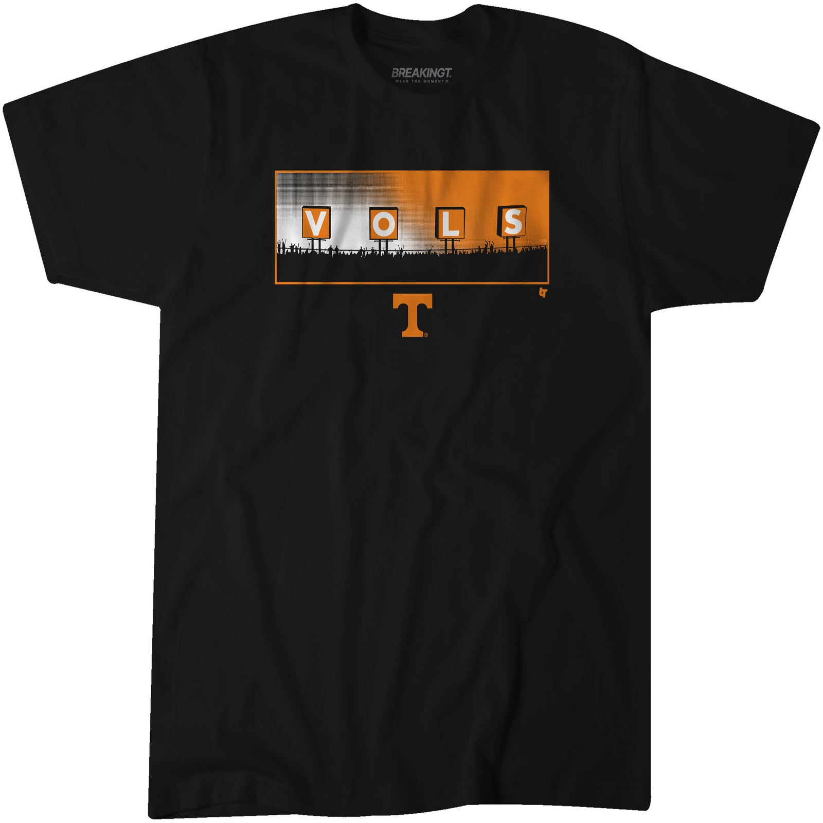 Black Tennessee Volunteers t-shirt with graphic of fans holding signs spelling “VOLS” in orange and white, above an orange Power T logo.