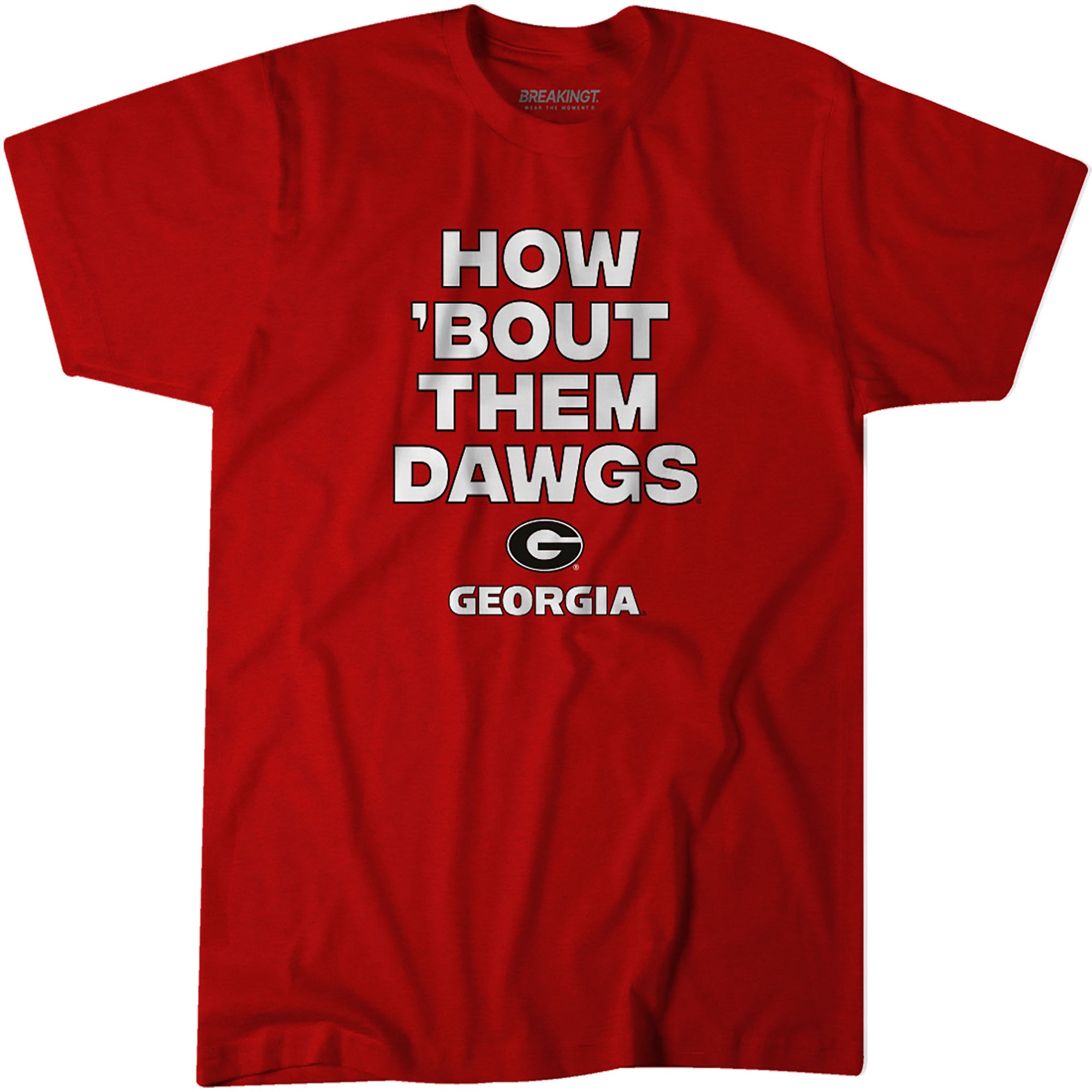Red Georgia Bulldogs t-shirt with bold white text reading “How ’Bout Them Dawgs” above the Georgia “G” logo and “Georgia” lettering.