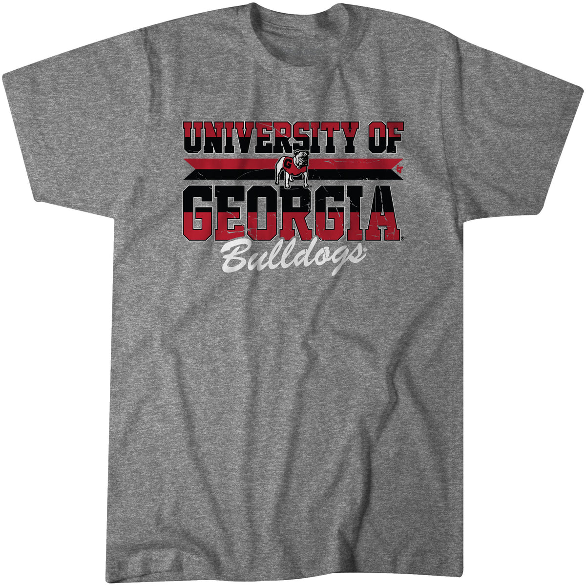 Heather gray University of Georgia Bulldogs t-shirt with bold red and black “University of Georgia” text, bulldog mascot graphic, and “Bulldogs” script in white.