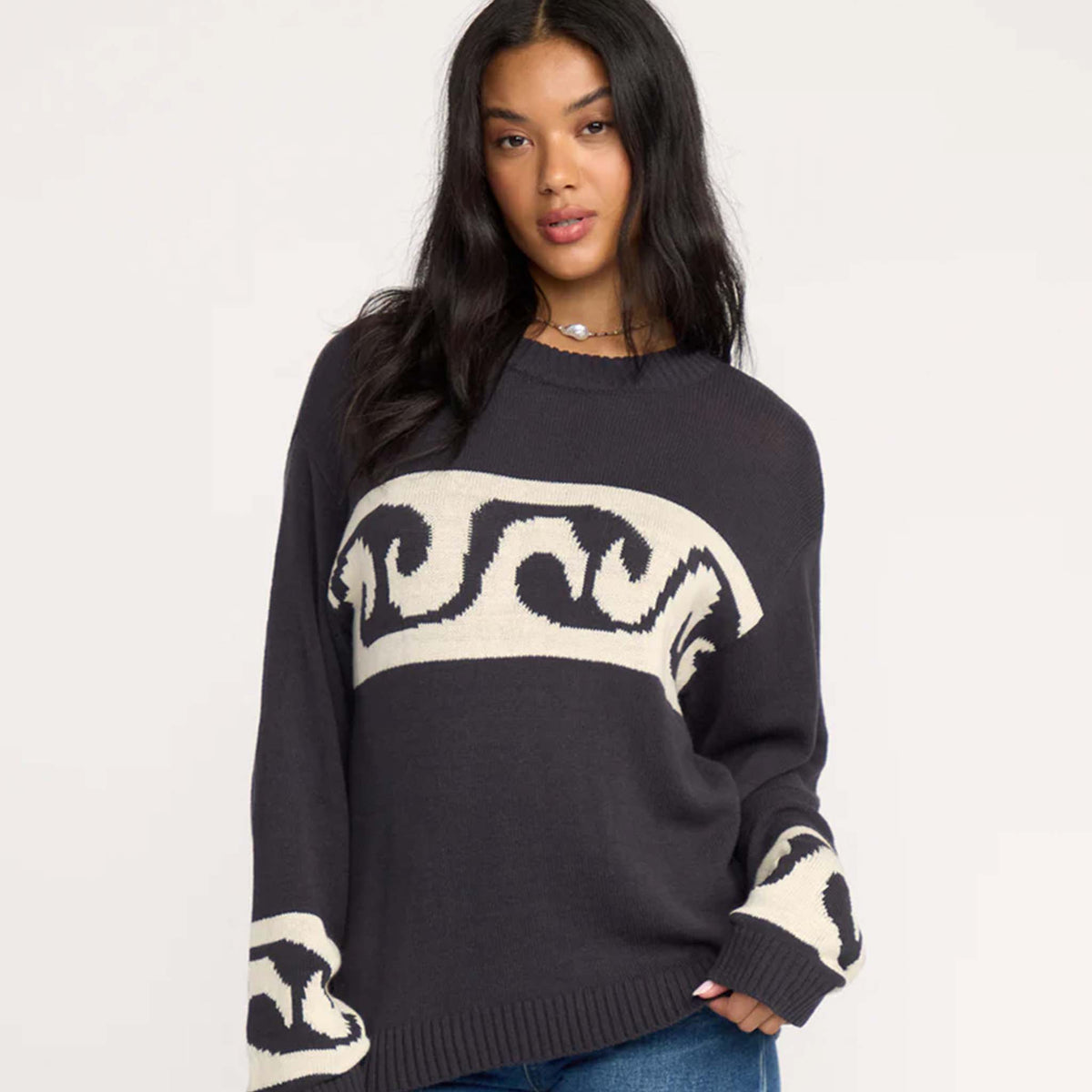 Billabong Wave Fade Crewneck Sweater in black and cream