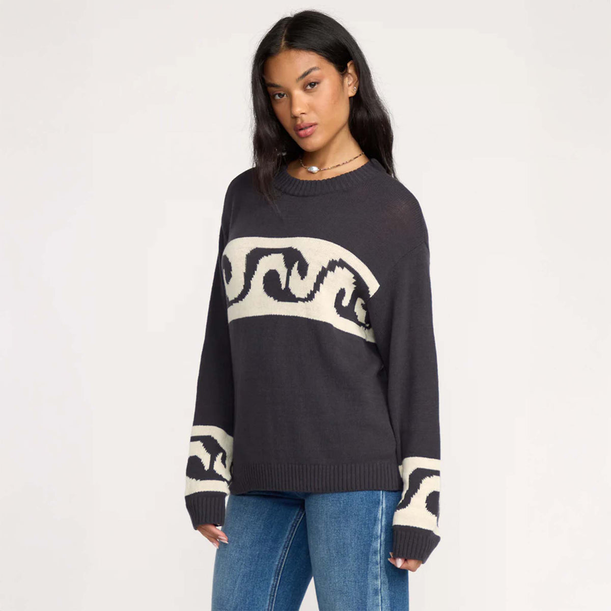 Billabong Wave Fade Crewneck Sweater in black and cream