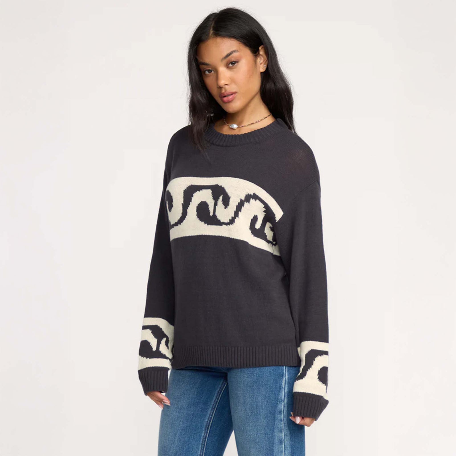 Billabong Wave Fade Crewneck Sweater in black and cream