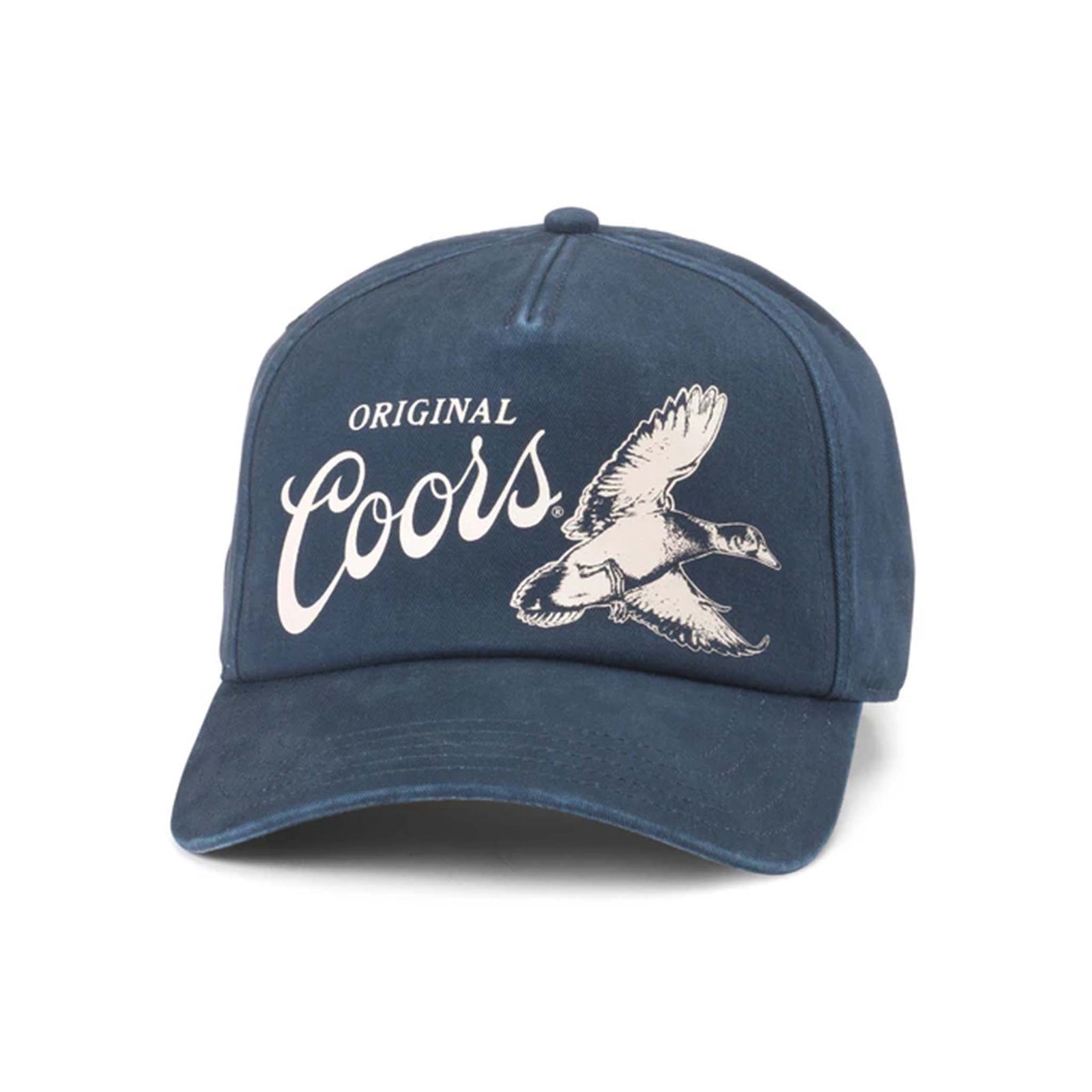 Front view of a navy American Needle Coors hat with "Original Coors" text and a flying duck graphic in white on the crown.
