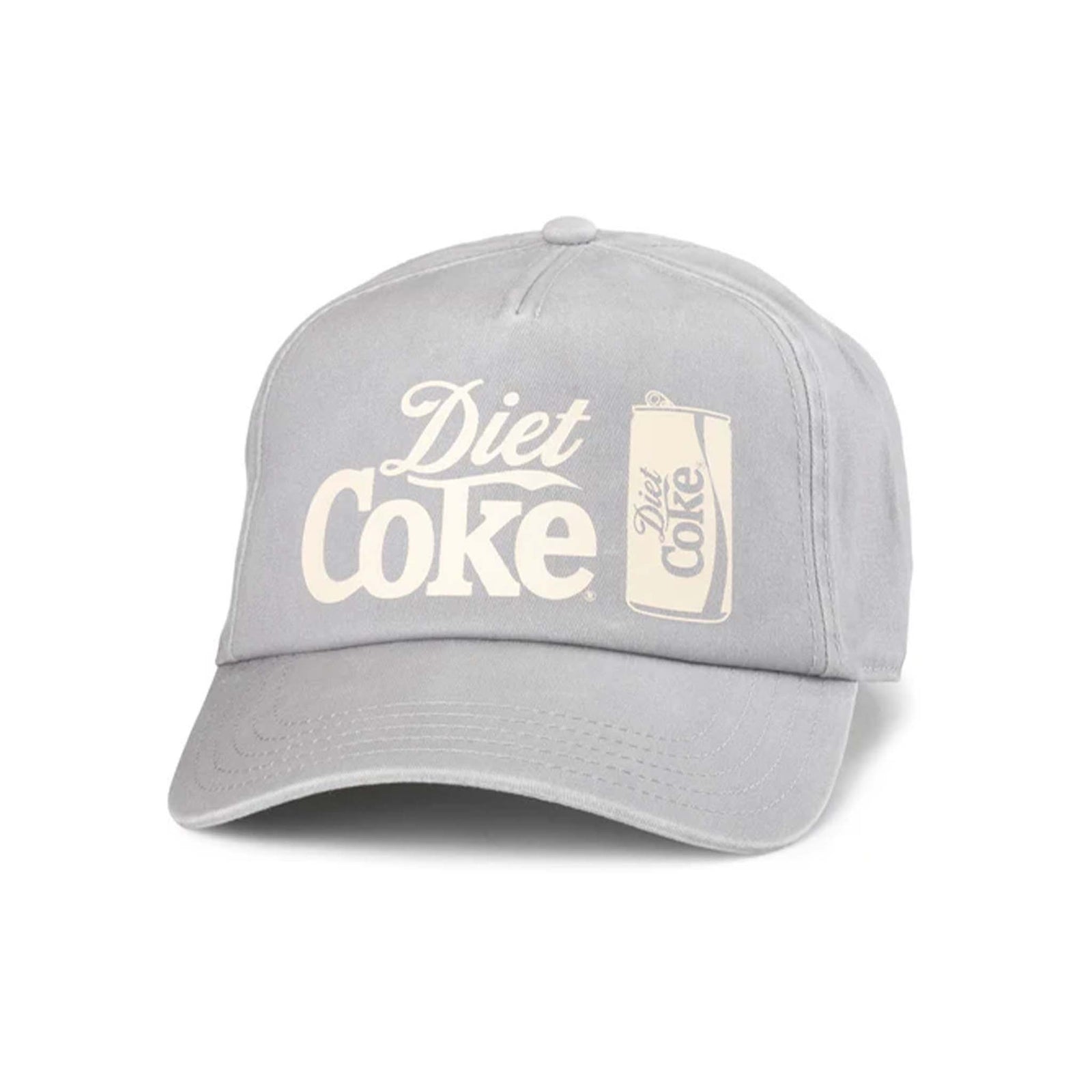 Front view of the American Needle Diet Coke Snapback in light gray. Features a pigment-washed twill 5-panel soft crown, slightly curved visor, adjustable snapback, and matte screen-printed "Diet Coke" logo with can graphic.