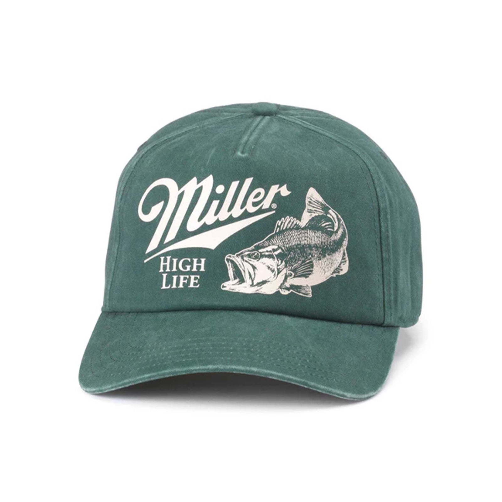 Front view of a green American Needle Miller High Life hat with a white leaping bass fish graphic and "Miller High Life" white text on the crown.
