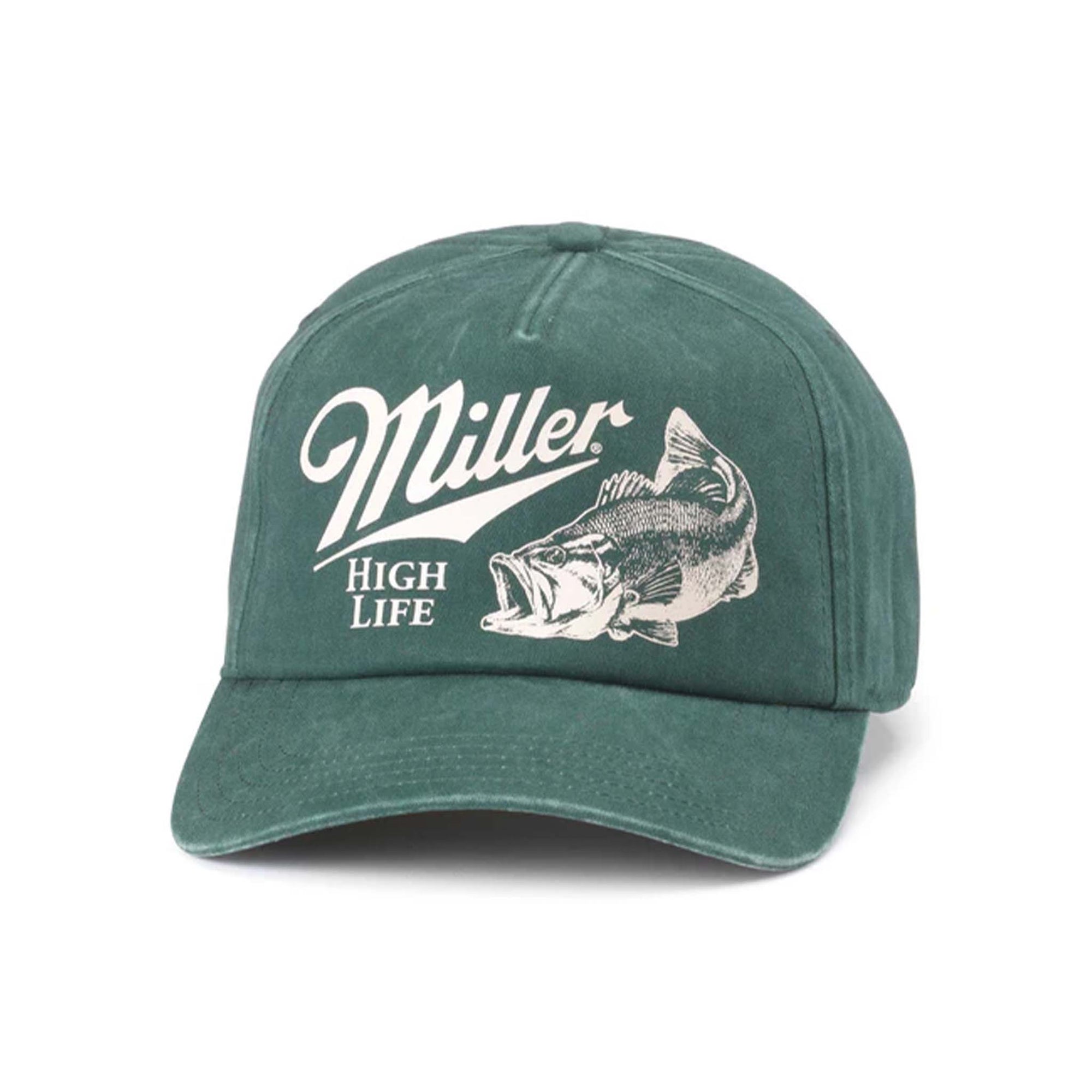 Front view of a green American Needle Miller High Life hat with a white leaping bass fish graphic and "Miller High Life" white text on the crown.